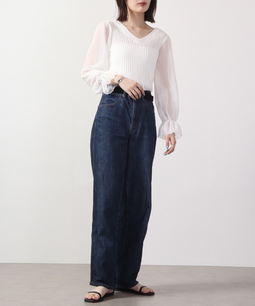 &soiree(アンドソワレ)の「&soiree ケーブルニットシフォンコンビトップス 長袖(ニット/セーター・レディース・ブラック/ホワイト/ブルー・F)」の4枚目の写真