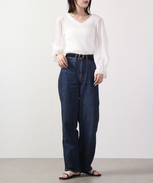 &soiree(アンドソワレ)の「&soiree ケーブルニットシフォンコンビトップス 長袖(ニット/セーター・レディース・ブラック/ホワイト/ブルー・F)」の5枚目の写真