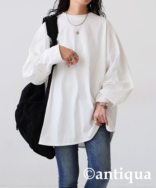 antiqua（アンティカ）の「綿100%オーバーサイズロンＴ（Tシャツ/カットソー・レディース・ホワイト/スミクロ/ブラック・FREE）」の2枚目の写真