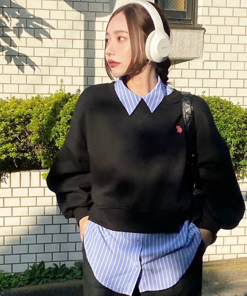 U.S. POLO ASSN.（ユーエスポロアッスン）の「GeeRA別注【U.S. POLO ASSN.】ワンポイント刺繍袖ボリュームショート裏起毛スウェット（スウェット・レディース・ブラック/オートミール/杢グレー/ベージュ・LARGE/MEDIUM/SMALL）」の5枚目の写真