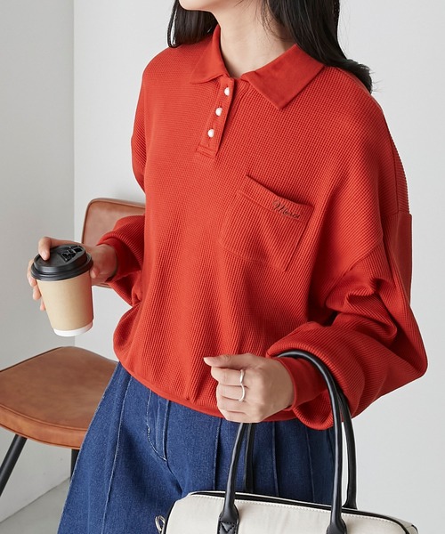 BONLECILL（ボンルシール）の「パールボタン配色フレンチ刺繍ワッフルポロシャツ（ポロシャツ・レディース・ブルー/アイボリー/ブラック/レッド・FREE）」の4枚目の写真