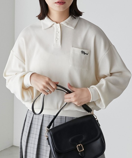 パールボタン配色フレンチ刺繍ワッフルポロシャツ（ポロシャツ