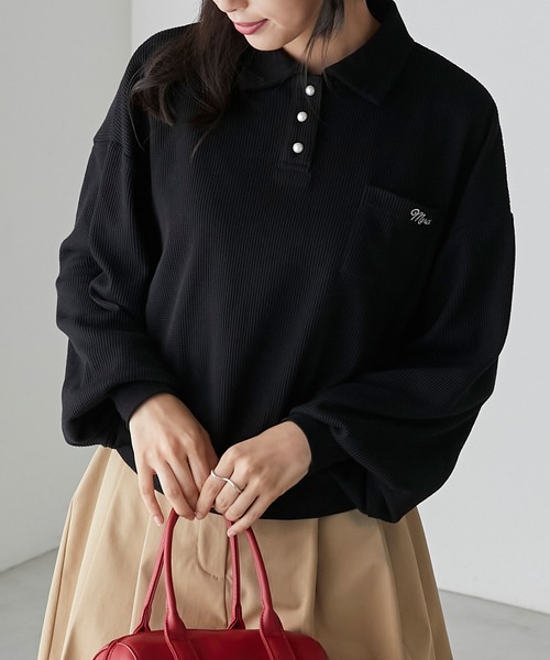 BONLECILL（ボンルシール）の「パールボタン配色フレンチ刺繍ワッフルポロシャツ（ポロシャツ・レディース・ブルー/アイボリー/ブラック/レッド・FREE）」の14枚目の写真