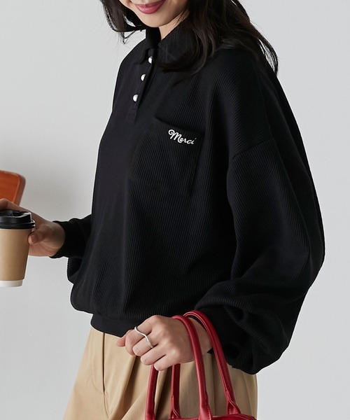 BONLECILL（ボンルシール）の「パールボタン配色フレンチ刺繍ワッフルポロシャツ（ポロシャツ・レディース・ブルー/アイボリー/ブラック/レッド・FREE）」の20枚目の写真