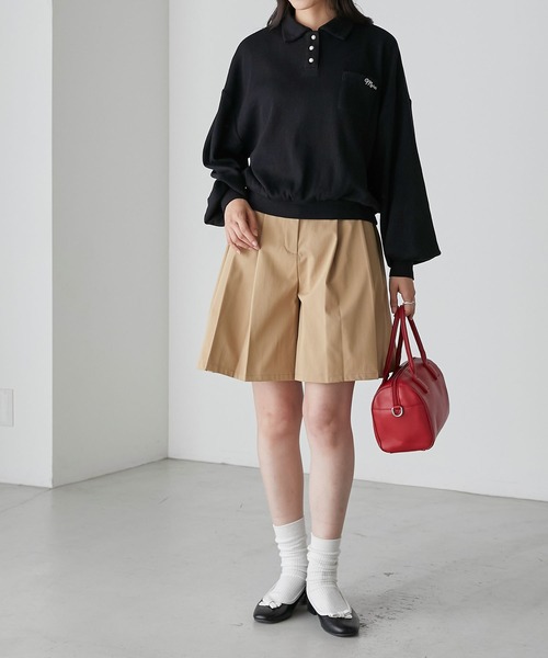 BONLECILL（ボンルシール）の「パールボタン配色フレンチ刺繍ワッフルポロシャツ（ポロシャツ・レディース・ブルー/アイボリー/ブラック/レッド・FREE）」の21枚目の写真