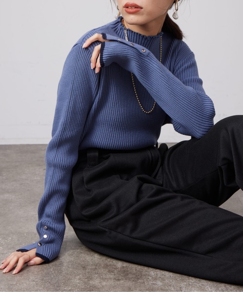 Chez toi（シェトワ）の「配色ライン袖口ボタンメローニットプルオーバー（ニット/セーター・レディース・ピンク/ブラック/ブルー/オフホワイト/グレー/アイボリー・FREE）」の5枚目の写真