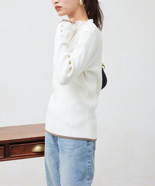 Chez toi（シェトワ）の「配色ライン袖口ボタンメローニットプルオーバー（ニット/セーター・レディース・ピンク/ブラック/ブルー/オフホワイト/グレー/アイボリー・FREE）」の10枚目の写真