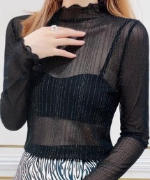 【i-dare】ラメ ライン メロウフリル シースルー シアー メッシュ ハイネック タートルトップス