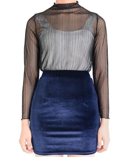 i-dare(アイディア)の「【i-dare】ラメ ライン メロウフリル シースルー シアー メッシュ ハイネック タートルトップス(Tシャツ/カットソー・レディース・アイボリー/ブラック・FREE)」の15枚目の写真