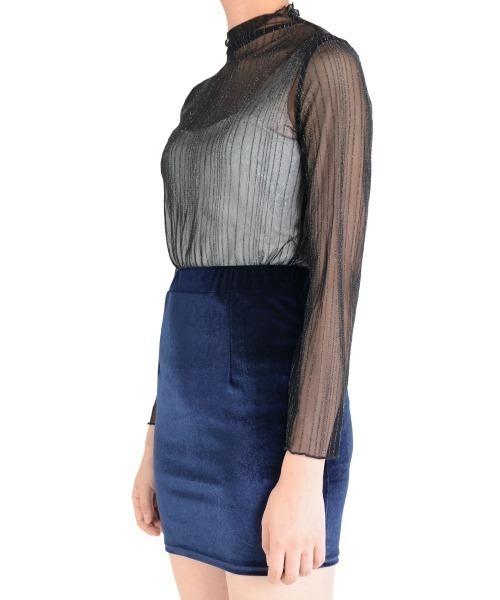 i-dare(アイディア)の「【i-dare】ラメ ライン メロウフリル シースルー シアー メッシュ ハイネック タートルトップス(Tシャツ/カットソー・レディース・アイボリー/ブラック・FREE)」の16枚目の写真