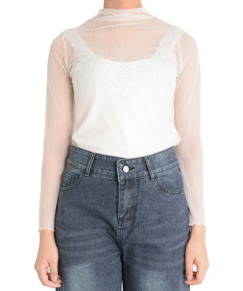 i-dare(アイディア)の「【i-dare】ラメ ライン メロウフリル シースルー シアー メッシュ ハイネック タートルトップス(Tシャツ/カットソー・レディース・アイボリー/ブラック・FREE)」の9枚目の写真