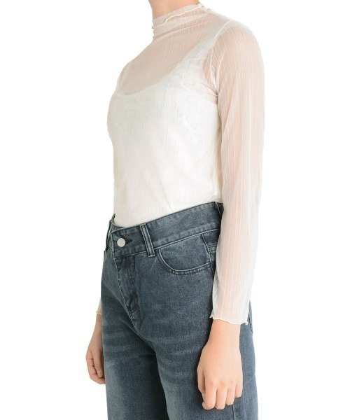 i-dare(アイディア)の「【i-dare】ラメ ライン メロウフリル シースルー シアー メッシュ ハイネック タートルトップス(Tシャツ/カットソー・レディース・アイボリー/ブラック・FREE)」の10枚目の写真