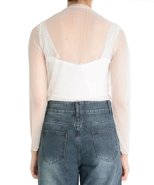 i-dare(アイディア)の「【i-dare】ラメ ライン メロウフリル シースルー シアー メッシュ ハイネック タートルトップス(Tシャツ/カットソー・レディース・アイボリー/ブラック・FREE)」の11枚目の写真