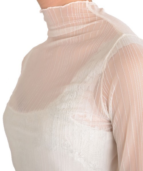 i-dare(アイディア)の「【i-dare】ラメ ライン メロウフリル シースルー シアー メッシュ ハイネック タートルトップス(Tシャツ/カットソー・レディース・アイボリー/ブラック・FREE)」の14枚目の写真