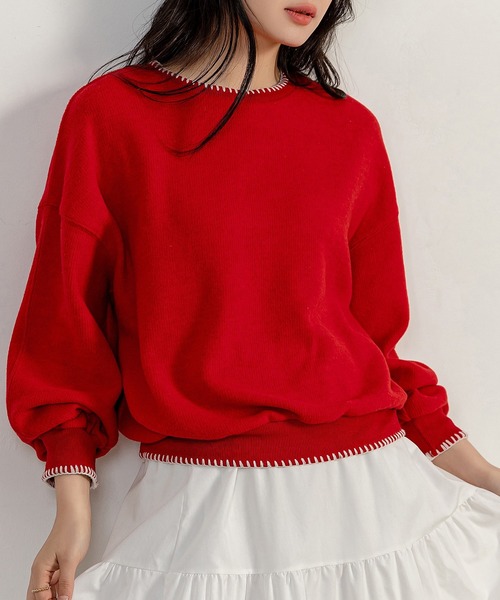 DAY CLOSET（デイ クローゼット）の「レディース 長袖起毛バイカラーステッチスウェット（スウェット・レディース・ベージュ/ホワイト/レッド・FREE）」の3枚目の写真