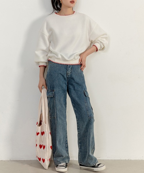 DAY CLOSET（デイ クローゼット）の「レディース 長袖起毛バイカラーステッチスウェット（スウェット・レディース・ベージュ/ホワイト/レッド・FREE）」の8枚目の写真