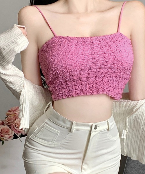 Miniministore(ミニミニストア)の「シャーリングショートキャミソールカップ付(キャミソール・レディース・ピンク/ホワイト/ブラック/レモンイエロー/ブルー・FREE)」の5枚目の写真