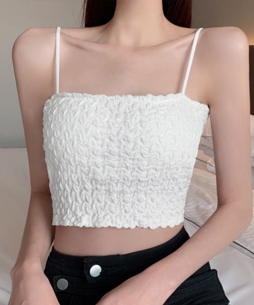Miniministore(ミニミニストア)の「シャーリングショートキャミソールカップ付(キャミソール・レディース・ピンク/ホワイト/ブラック/レモンイエロー/ブルー・FREE)」の8枚目の写真