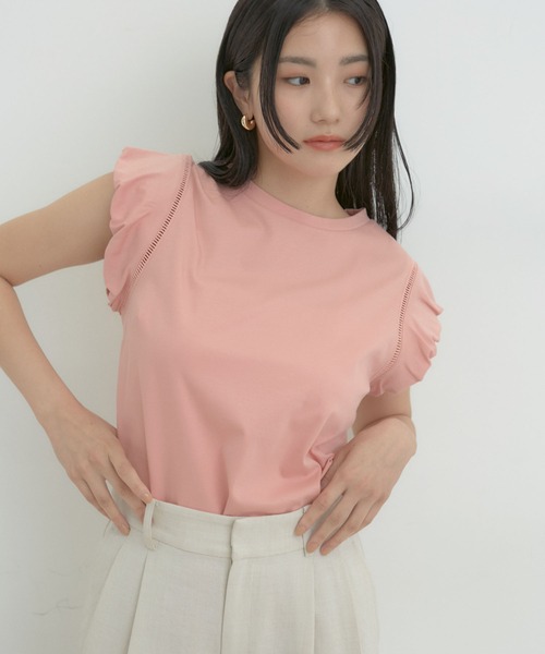 VIS(ビス)の「【洗える】シルケットポイントレースカットソー(Tシャツ/カットソー・レディース・ホワイト/ブラック/グリーン/ピンク・FREE)」の1枚目の写真