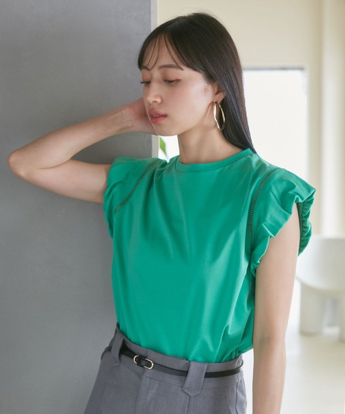 VIS(ビス)の「【洗える】シルケットポイントレースカットソー(Tシャツ/カットソー・レディース・ホワイト/ブラック/グリーン/ピンク・FREE)」の7枚目の写真