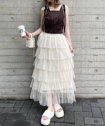 チュール6段ティアードスカート[低身長用サイズ有 大人 フェミニン]≪再入荷≫