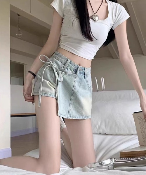 セール】リボン ラップスカート風ショートパンツ（デニムパンツ