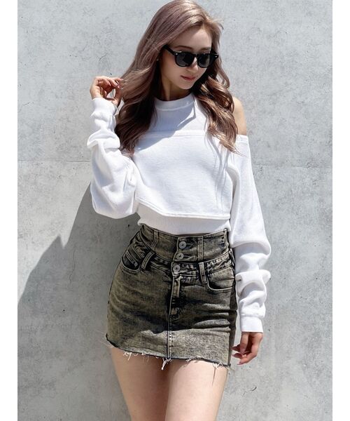 GYDA(ジェイダ)の「【SETUP着用可】ハイウエストボタンUSEDケミカルウォッシュストレッチスカートライクデニムショートパンツ(デニムスカート・レディース・ブラック/ブルー・SMALL/MEDIUM)」の10枚目の写真