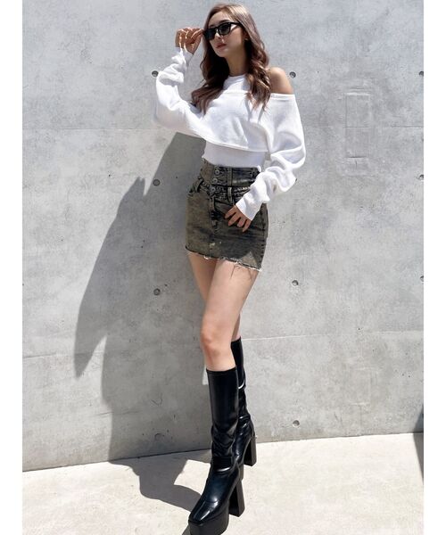 GYDA(ジェイダ)の「【SETUP着用可】ハイウエストボタンUSEDケミカルウォッシュストレッチスカートライクデニムショートパンツ(デニムスカート・レディース・ブラック/ブルー・SMALL/MEDIUM)」の13枚目の写真