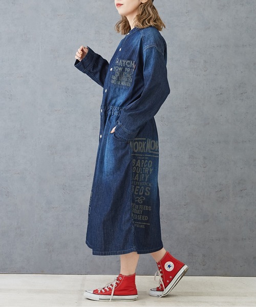 CUBE SUGAR(キューブシュガー)の「6.5オンスデニム×ヒッコリーワークシャツワンピース(シャツワンピース・レディース・ブルー系/インディゴブルー/ネイビー系/ライトブルー・M)」の3枚目の写真