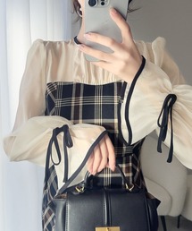 【mily bilet】上品でフェミニン。シャイニーシアードッキングIラインチェック長袖ワンピース