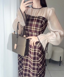 【mily bilet】上品でフェミニン。シャイニーシアードッキングIラインチェック長袖ワンピース