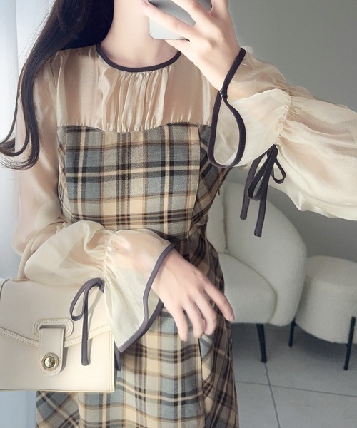 ARCHIVIO 25年新作秋モデル チェック柄ワンピース 36(S) セール】【mily bilet】上品でフェミニン。シャイニーシアードッキング