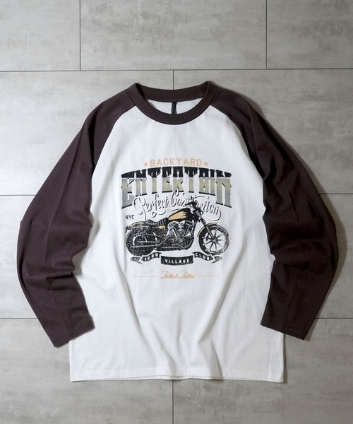 セール】oversize raglan sleeve print long sleeve T-shirt/オーバー