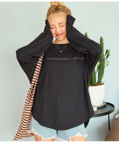 anap mimpi（アナップミンピ）の「切り替え ラウンドヘム 無地 長袖 ビッグ ロンT（Tシャツ/カットソー・レディース・ブラック/オフホワイト/キナリ・FREE）」の17枚目の写真