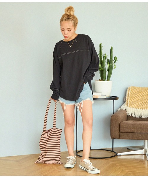 anap mimpi（アナップミンピ）の「切り替え ラウンドヘム 無地 長袖 ビッグ ロンT（Tシャツ/カットソー・レディース・ブラック/オフホワイト/キナリ・FREE）」の20枚目の写真