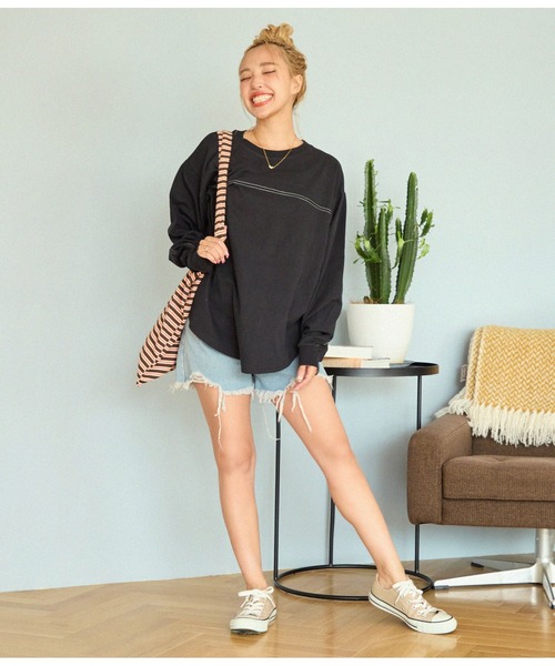 anap mimpi（アナップミンピ）の「切り替え ラウンドヘム 無地 長袖 ビッグ ロンT（Tシャツ/カットソー・レディース・ブラック/オフホワイト/キナリ・FREE）」の21枚目の写真