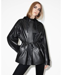 ALLSAINTS フード付きブラックレザージャケット ALLSAINTS｜オールセインツのジャケット/アウター（ワンポイント