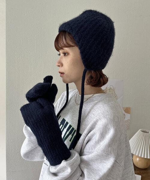 aeae EARFLAP BEANIE チャコール ビーニー ドット aeae EARFLAP BEANIE チャコール ビーニー ドット aeae EARFLAP