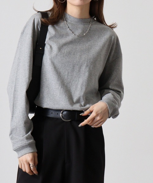 spiritoso(スピリトーゾ)の「spiritoso USAコットンロング丈クルーネックロンT(Tシャツ/カットソー・レディース・ブラック/カーキ/杢グレー/オフホワイト・F)」の3枚目の写真