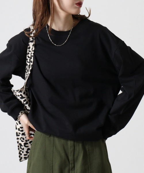 spiritoso(スピリトーゾ)の「spiritoso USAコットンロング丈クルーネックロンT(Tシャツ/カットソー・レディース・ブラック/カーキ/杢グレー/オフホワイト・F)」の1枚目の写真