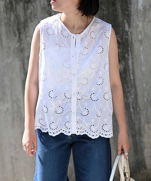 インド綿刺繍ノースリーブブラウス（インド綿.インドコットン