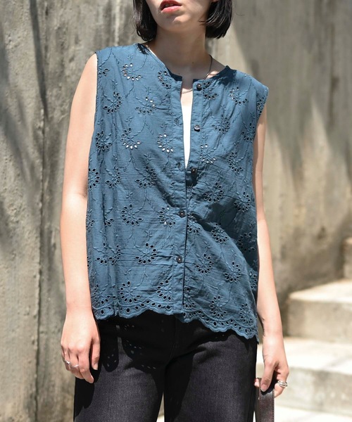 セール】インド綿刺繍ノースリーブブラウス（インド綿.インドコットン