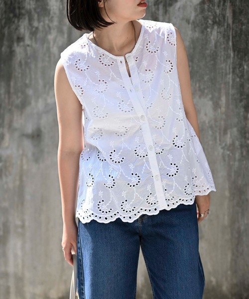 インド綿刺繍ノースリーブブラウス（インド綿.インドコットン.コットン