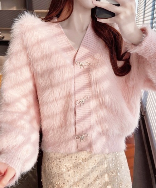 セール】韓国風ふわふわシャギーニットカーディガン（カーディガン