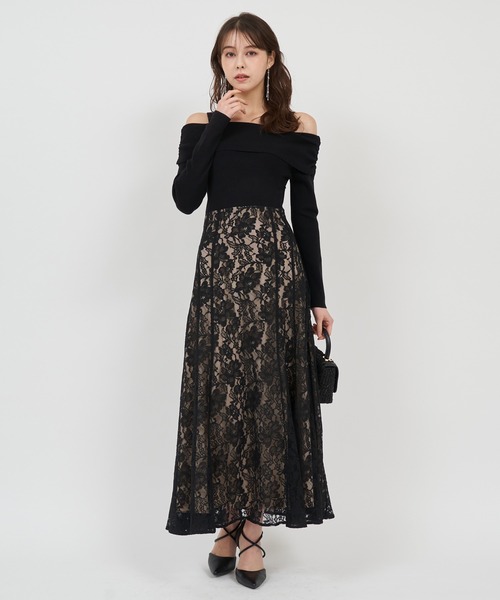 ROYAL PARTY（ロイヤルパーティー）の「オフショルドッキングレーススカートワンピース（ワンピース・レディース・ブラック/ネイビー/オフホワイト・FREE）」の4枚目の写真