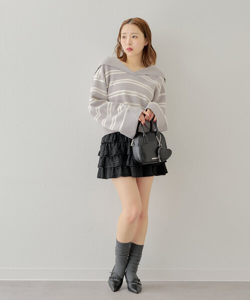 7634 ブルーとモノトーン♡キレカジコーデ Lサイズ レディース服 12点 セール】セーラーカラールーズニット（ニット/セーター）｜Chico