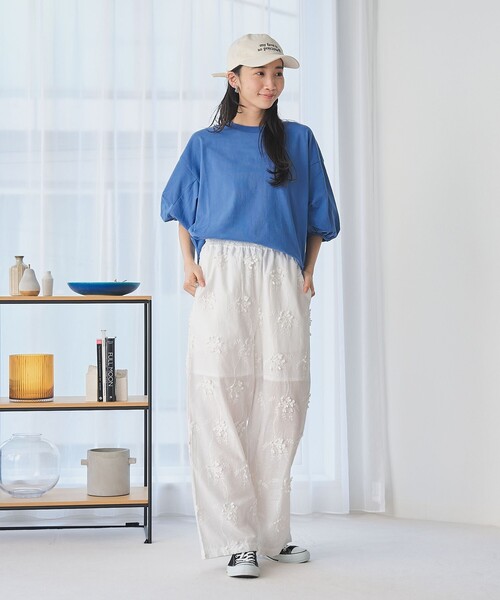 国内配送★セザンヌ フラワー刺繍 ワイドレッグ 7/8 パンツ MERAKI（ファッション） パンツ フラワー刺繍パンツ レディース
