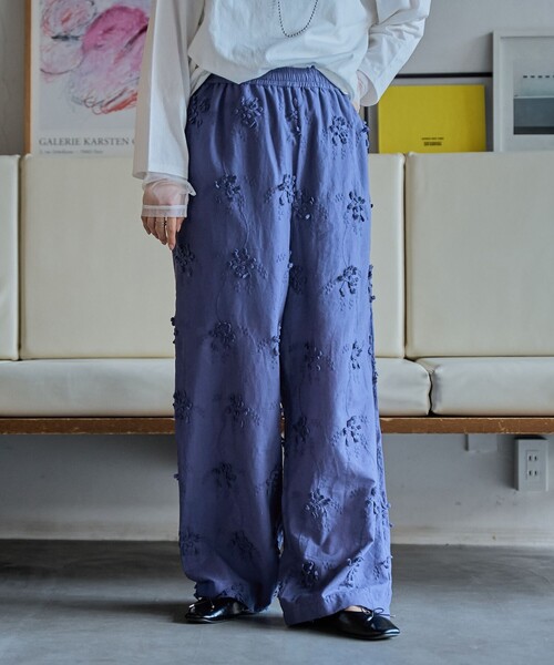 国内配送★セザンヌ フラワー刺繍 ワイドレッグ 7/8 パンツ セール】3Dフラワー刺繍 イージーワイドパンツ（その他パンツ