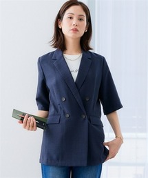 7days Life Styling | 麻調合繊半袖ダブルブレストジャケット(しわになりにくい・接触冷感・UVカット・ウォッシャブル)<大きいサイズ有>(テーラードジャケット)
