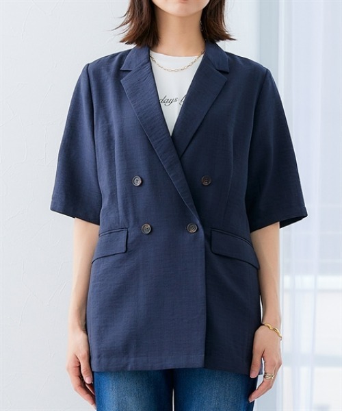 麻調合繊半袖ダブルブレストジャケット(しわになりにくい・接触